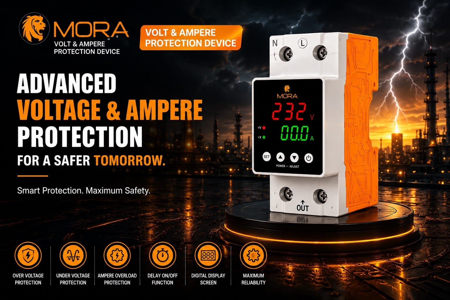 Mora 2 Pole Volt & Ampere Protection Device – Dual Display | Adjustable Voltage Current Guard | 63A AC