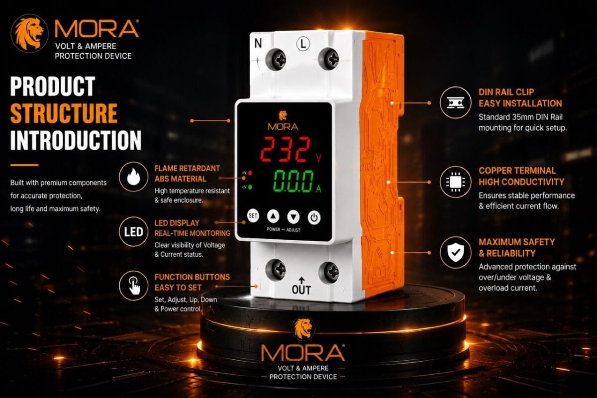 Mora 2 Pole Volt & Ampere Protection Device – Dual Display | Adjustable Voltage Current Guard | 63A AC