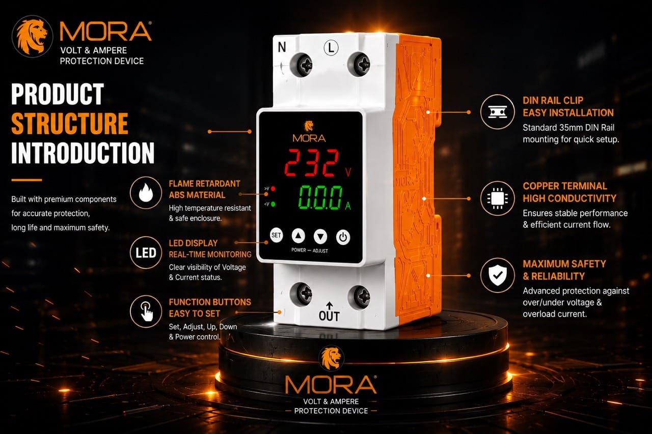Mora 2 Pole Volt & Ampere Protection Device – Dual Display | Adjustable Voltage Current Guard | 63A AC