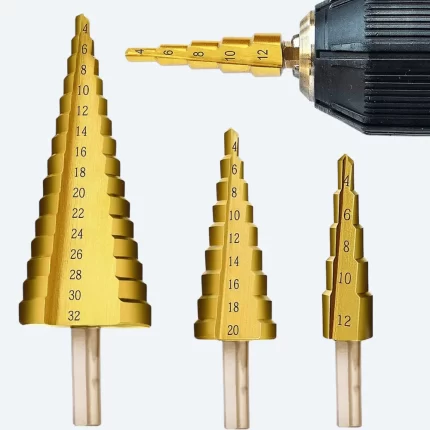 Top view of 3-piece titanium coated step drill bit set with clear size markings