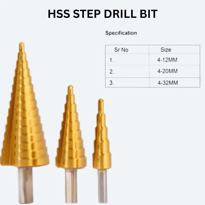 Titanium-coated step drill bit cutting through metal surface with clean hole finish
