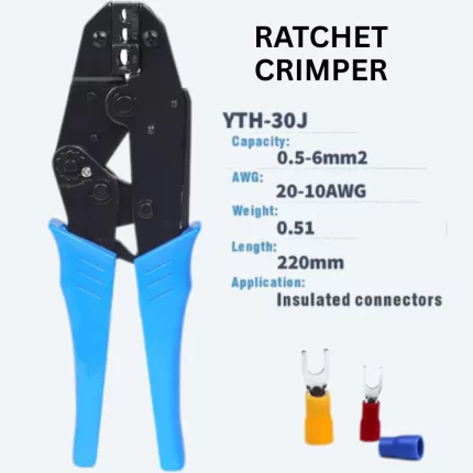 YTH YTH-30J ratcheting crimper tool for insulated wire terminals, supports 0.5–6mm² (20–10 AWG) cables