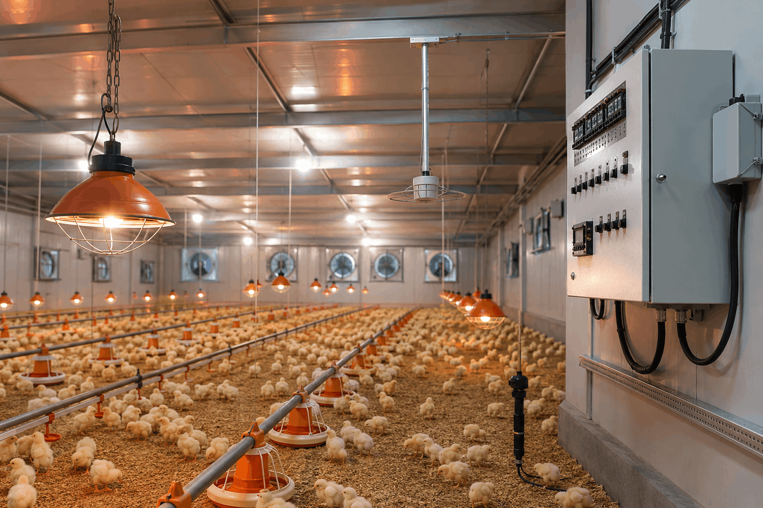 Poultry brooder control system with heating, temperature control, ventilation, sensors, and electrical control panel.