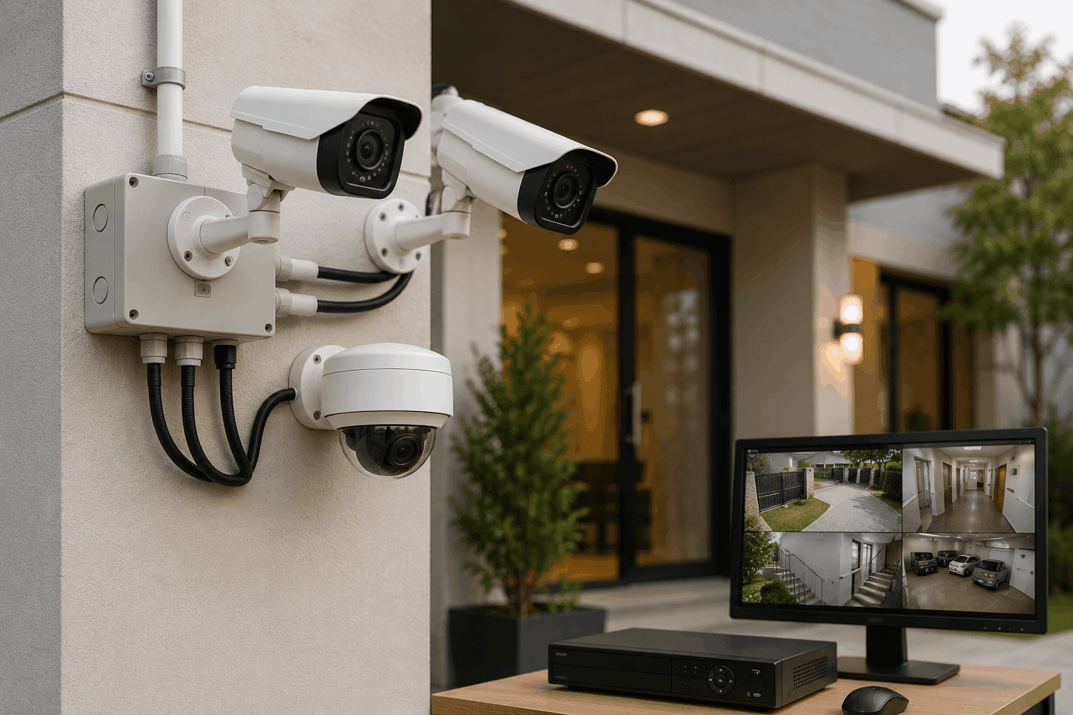 CCTV security cameras installed for home, office, and commercial surveillance with monitoring and recording system.