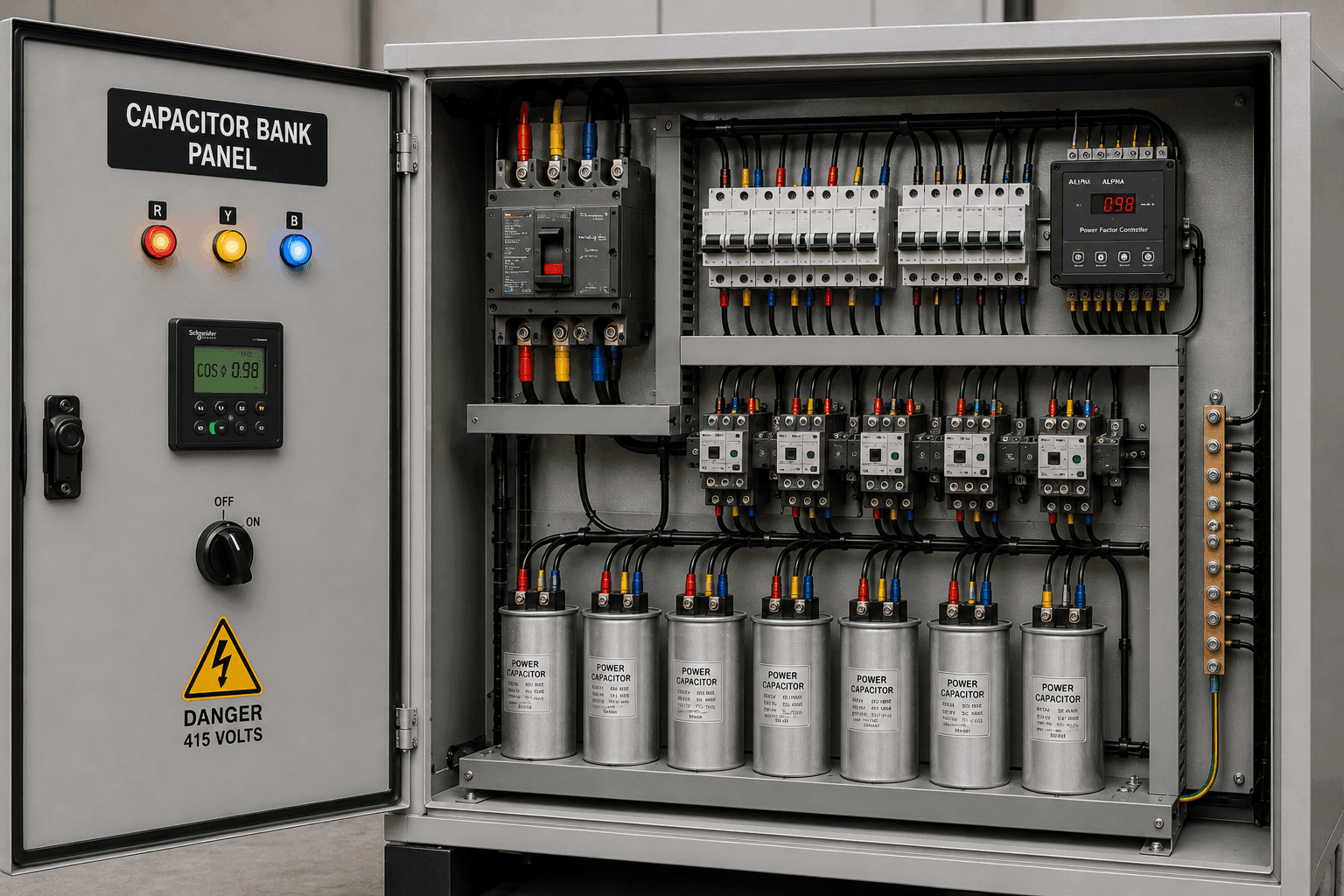 Industrial capacitor bank panel with capacitors, breakers, wiring, and power factor correction equipment.