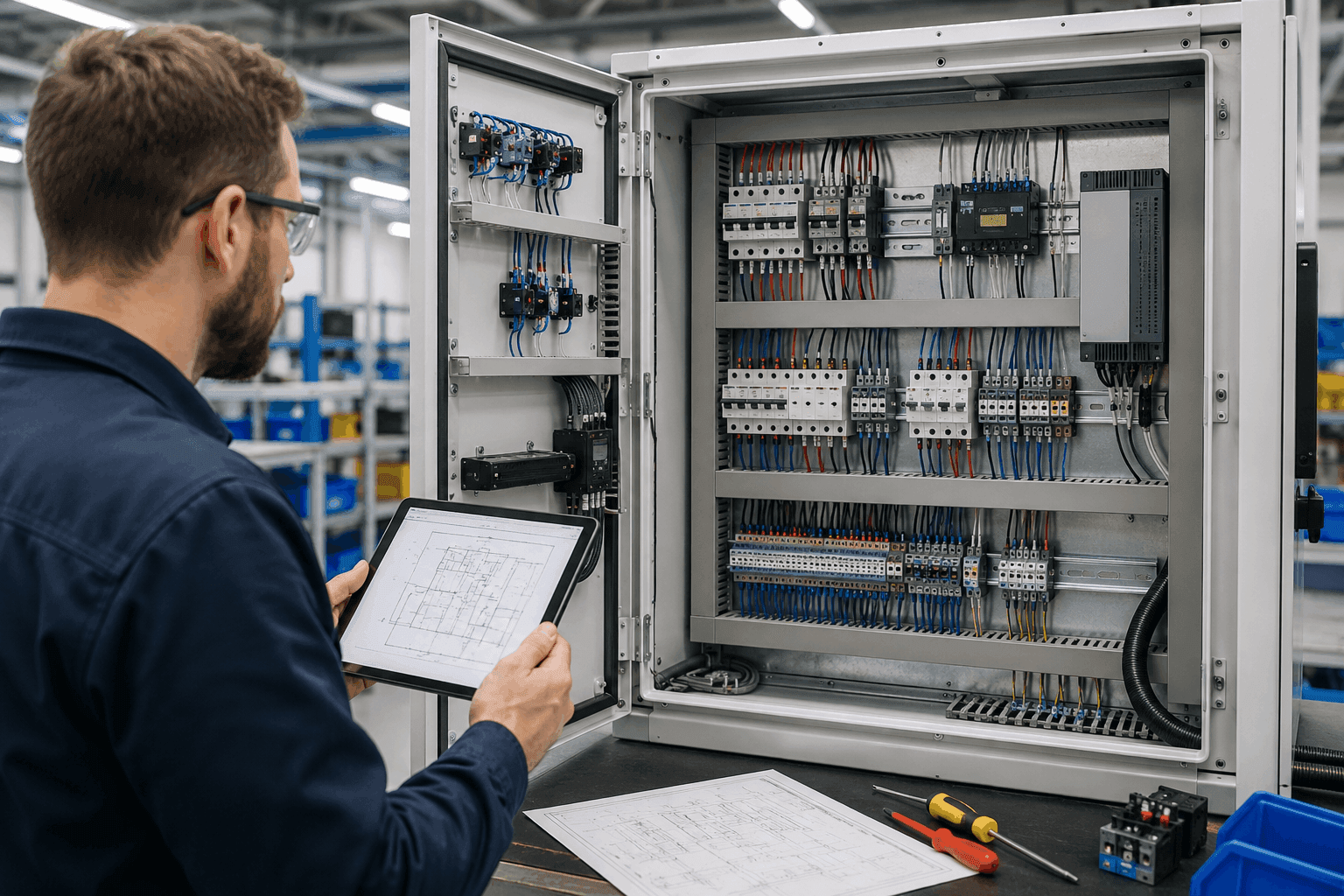 Custom electrical control panel with organized wiring, breakers, relays, switches, and automation components.