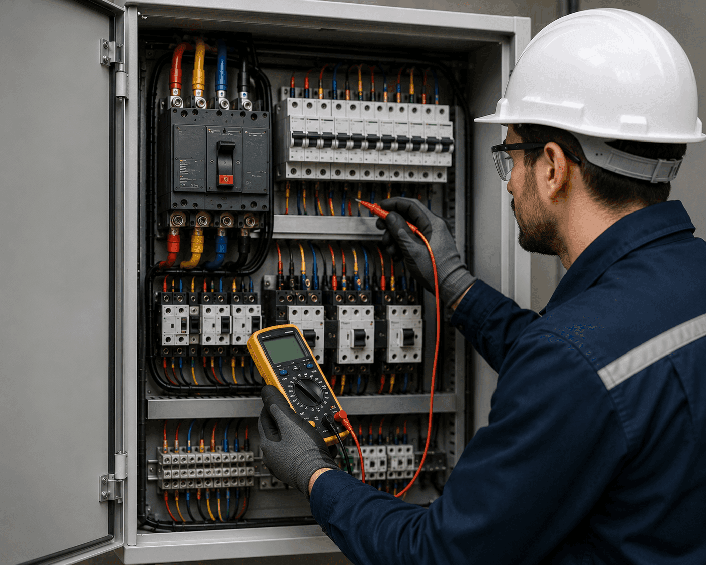 Electrician inspecting an electrical panel with testing tools for maintenance, safety checking, and fault detection.