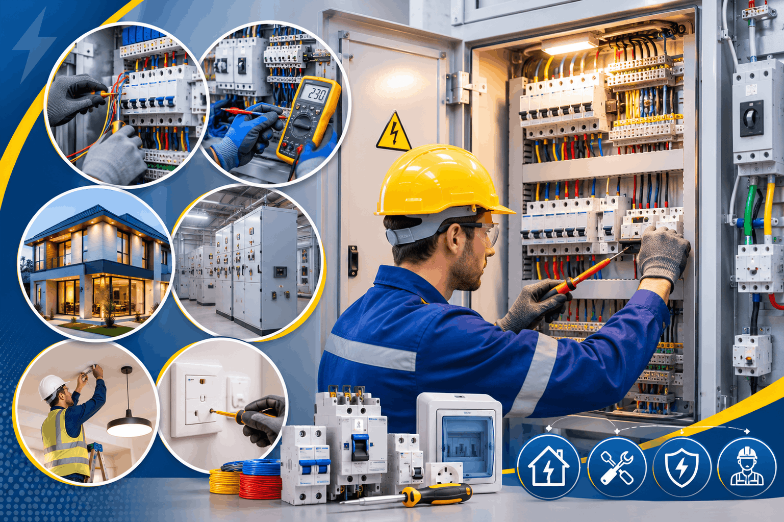 Professional electrician working on an electrical distribution panel with wiring, breakers, testing tools, and electrical service equipment.