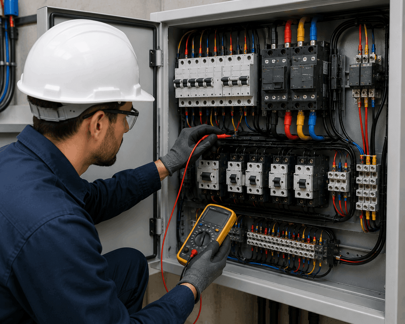 Electrician testing an electrical panel with a multimeter to detect wiring faults, tripping issues, and power problems.