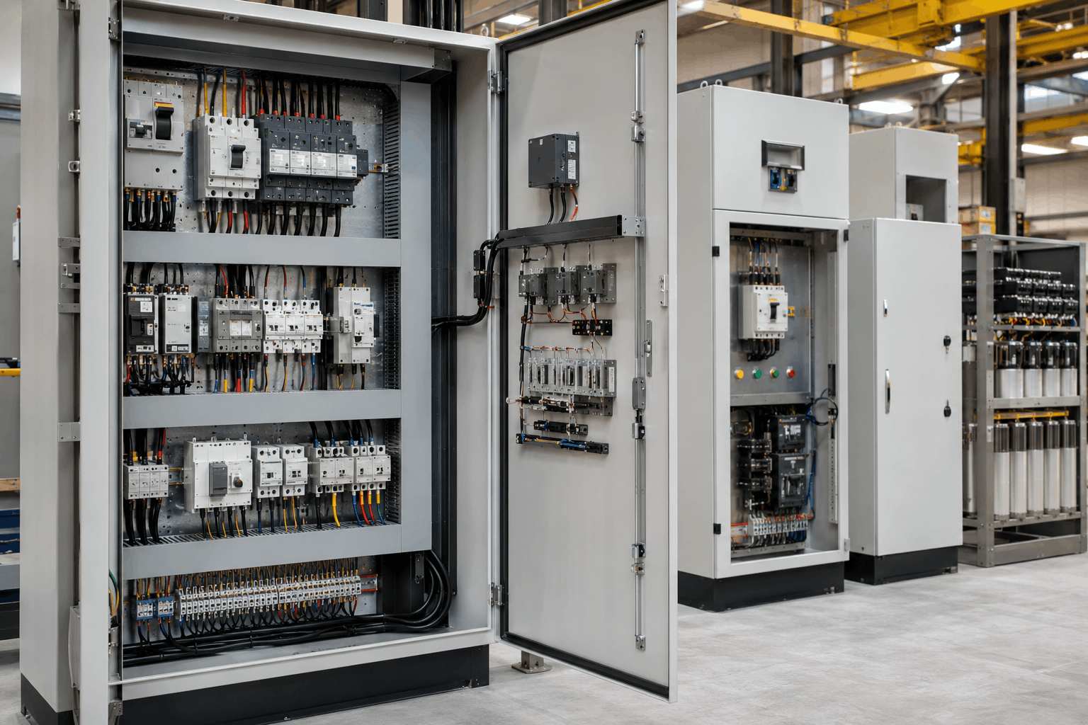 Industrial electrical control panels with breakers, wiring, switchgear, and power distribution equipment.