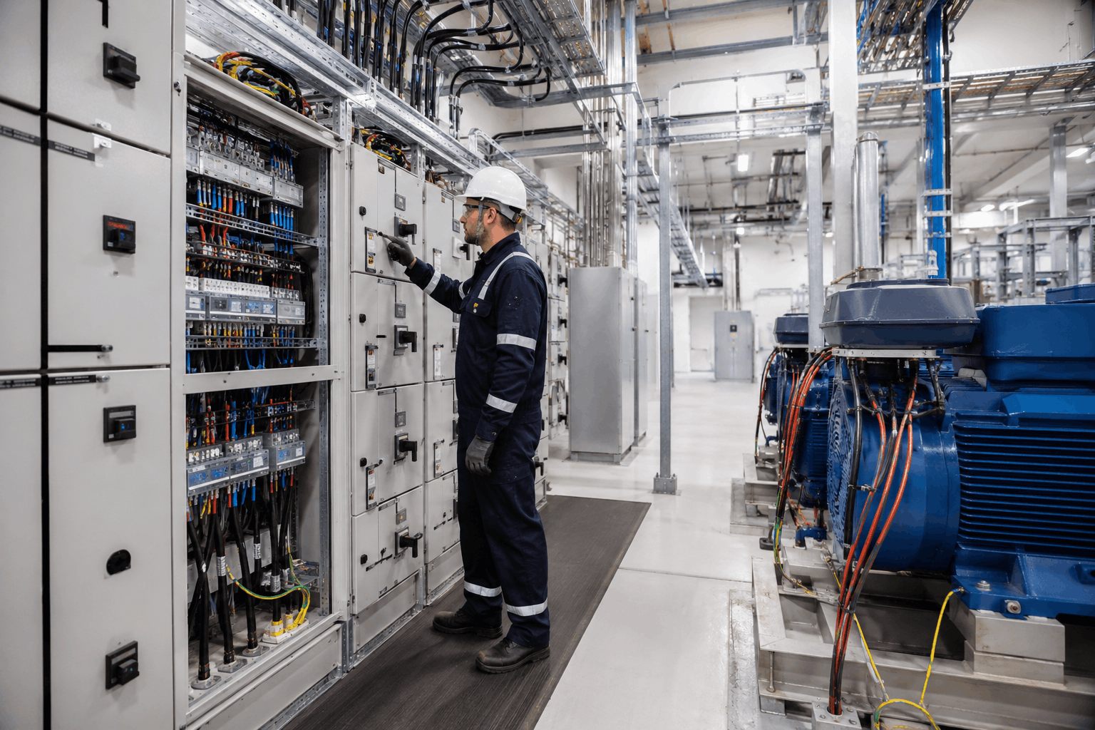 Industrial electrical setup with panels, wiring, machinery power connections, and power distribution equipment inside a factory.