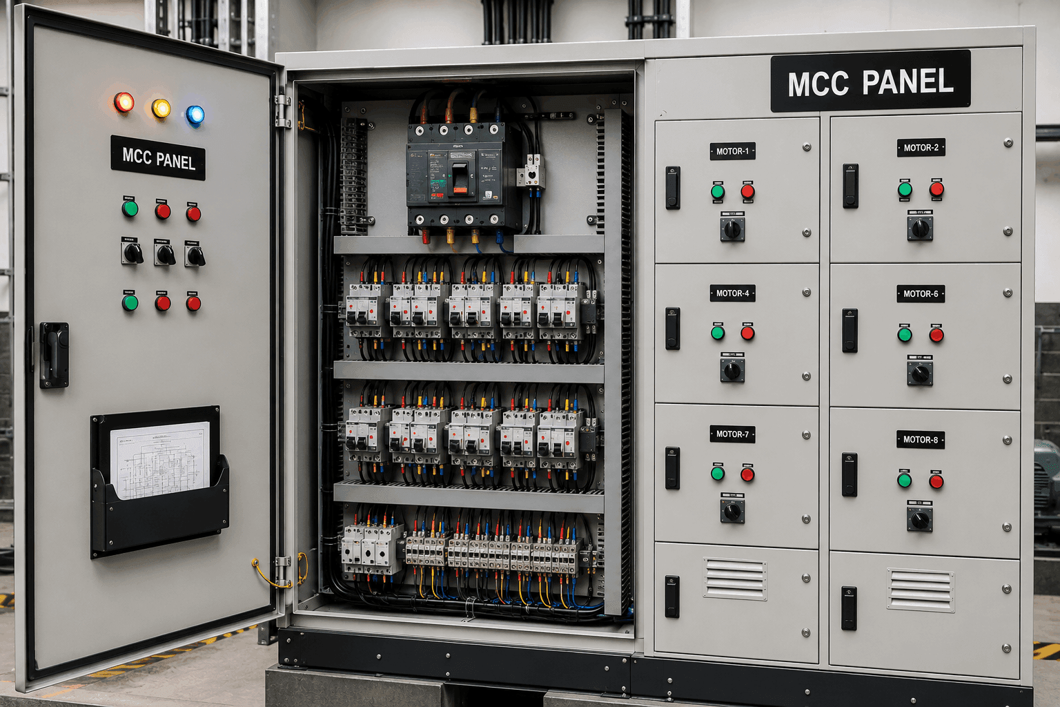 MCC electrical panel with motor control breakers, wiring, contactors, and industrial power distribution components.