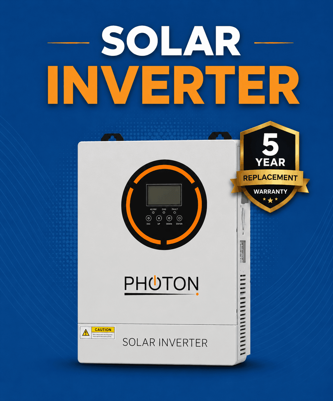 Photon solar inverter on blue background with 5 year replacement warranty badge