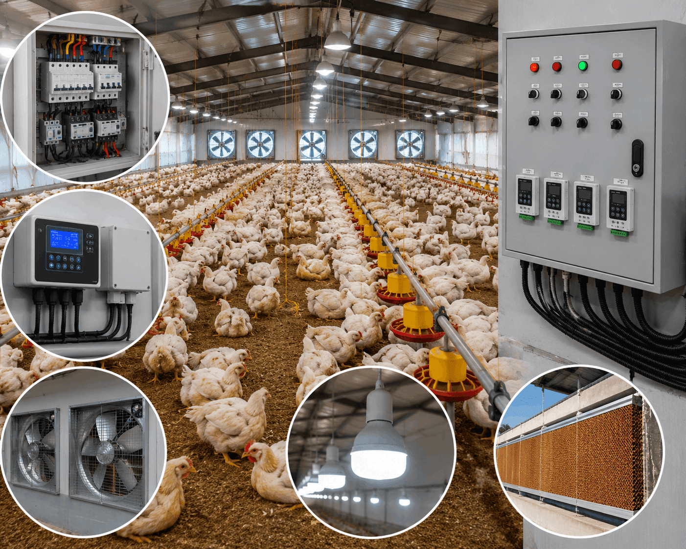 Modern poultry farm shed with chickens, automated feeding lines, ventilation fans, cooling system, lighting, and electrical control panel.