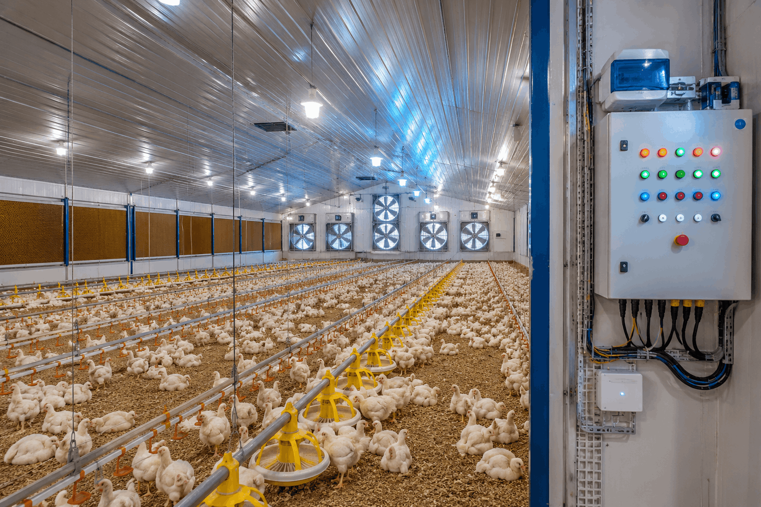 Modern poultry farm shed with automated feeding lines, ventilation fans, lighting, and an electrical control panel.