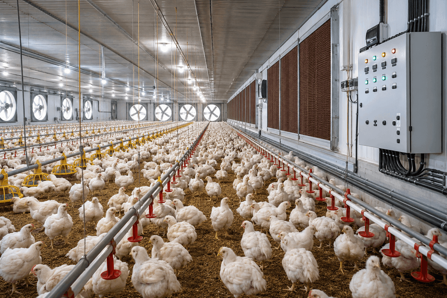 Automated poultry shed with feeding lines, ventilation fans, cooling system, lighting, and electrical control panel.
