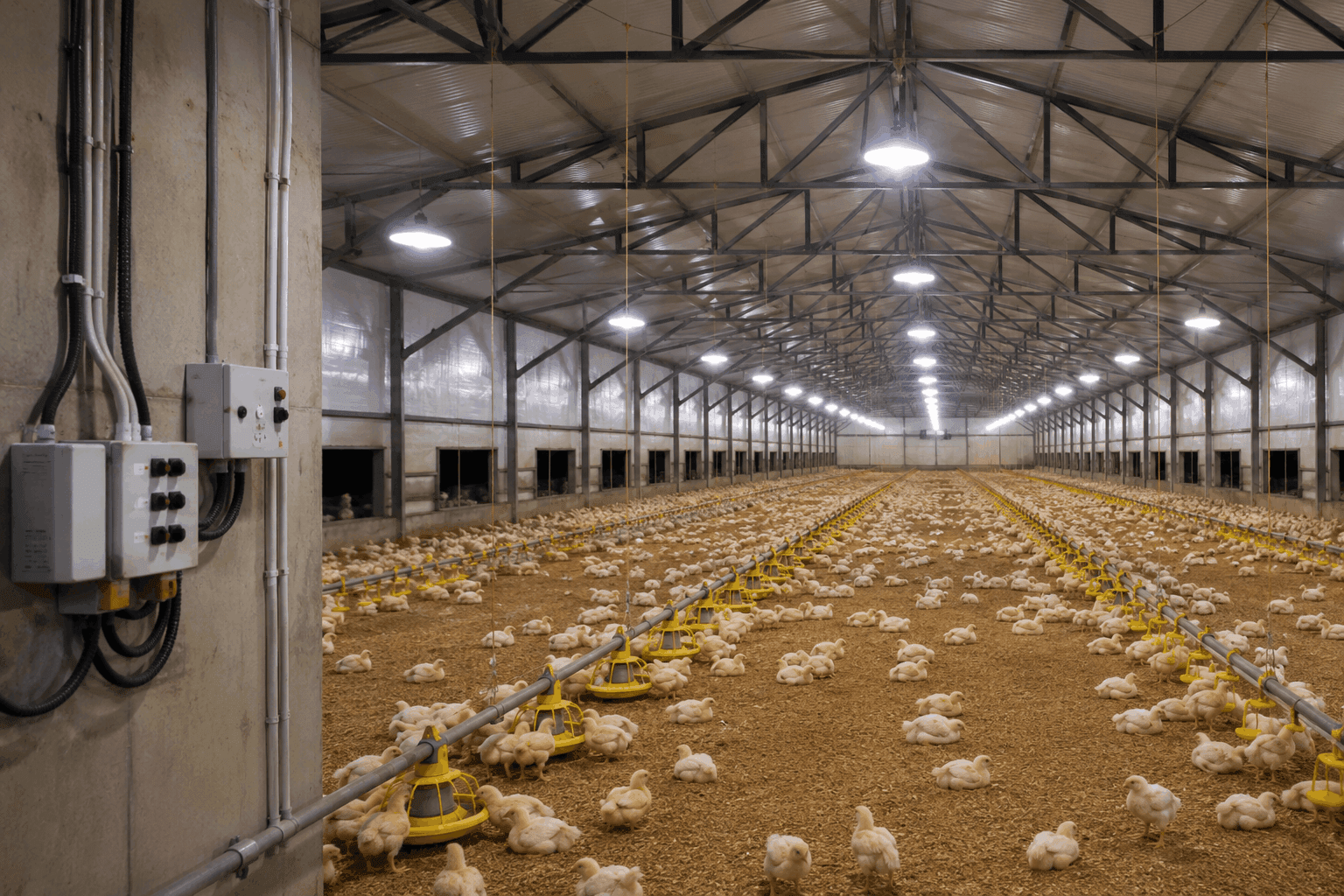 Poultry shed with LED lighting, electrical wiring, control system, and chickens inside a modern farm environment.