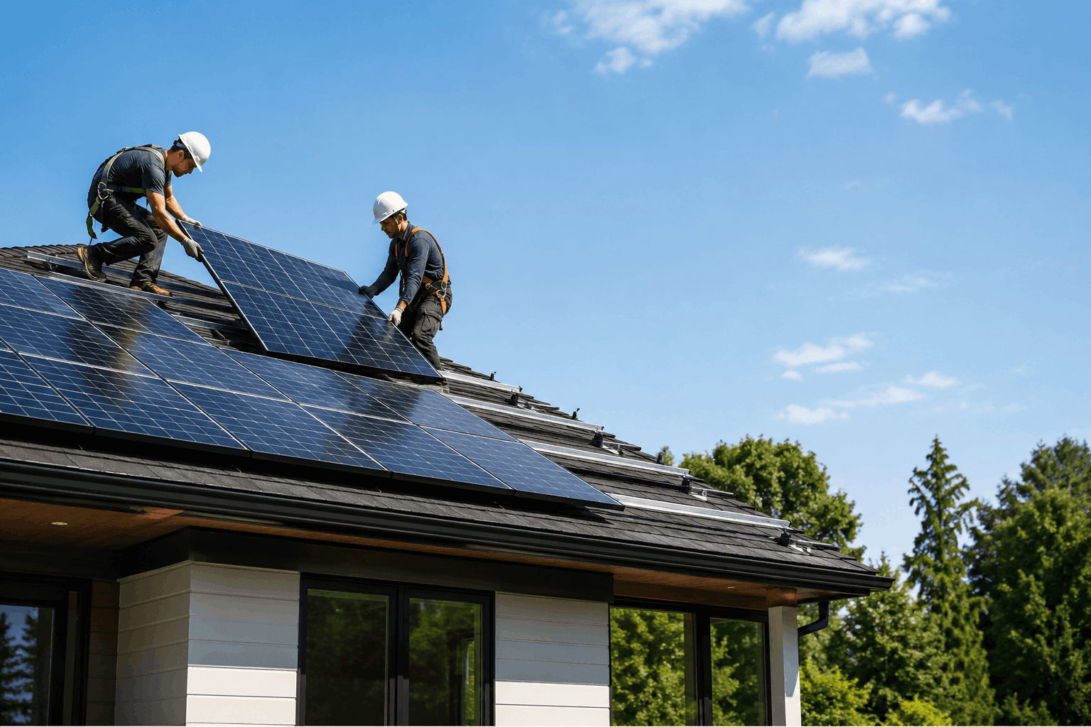 Technicians installing solar panels on a rooftop for clean and efficient solar energy generation.