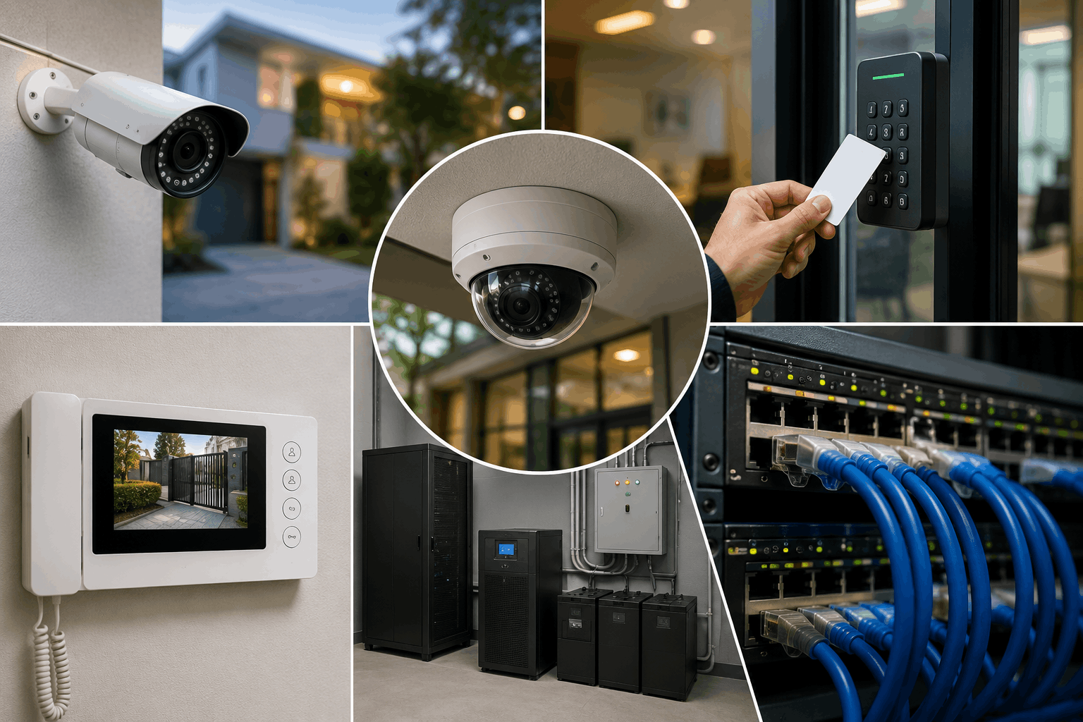 CCTV cameras, access control keypad, video intercom, server equipment, and network cabling for security and low current systems.