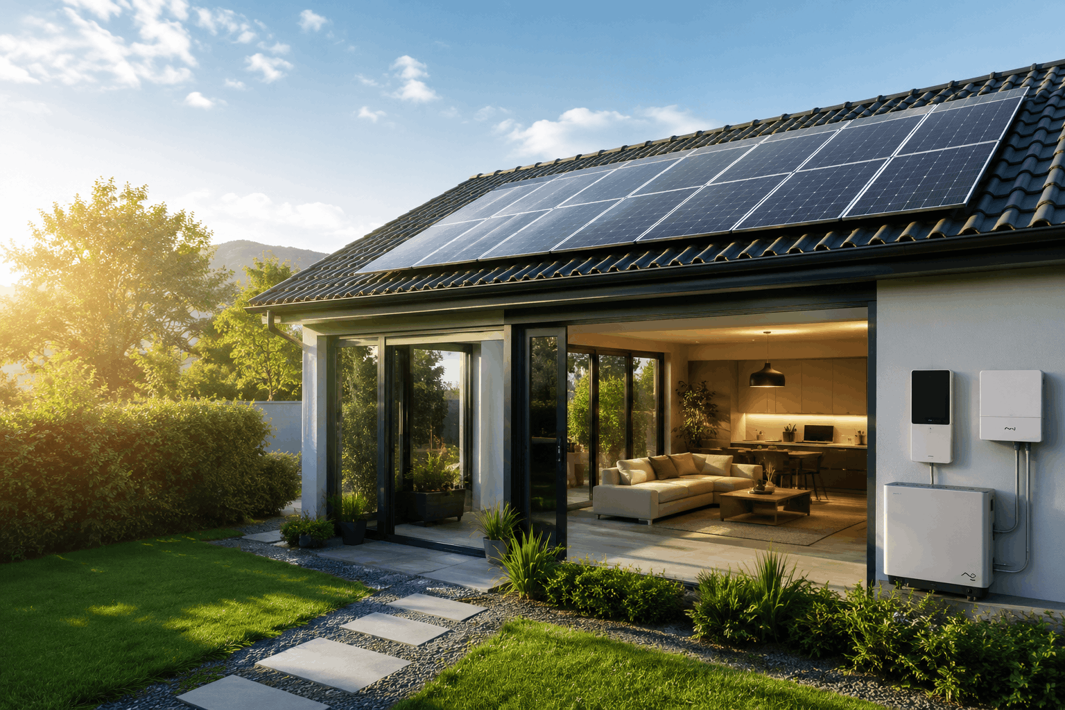 Modern home with rooftop solar panels and solar energy equipment installed for clean and efficient power solutions.