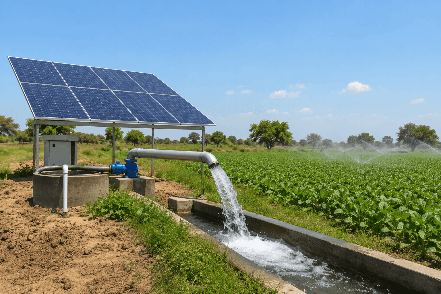 Solar panels powering a water pump system for farm irrigation and agricultural water supply.