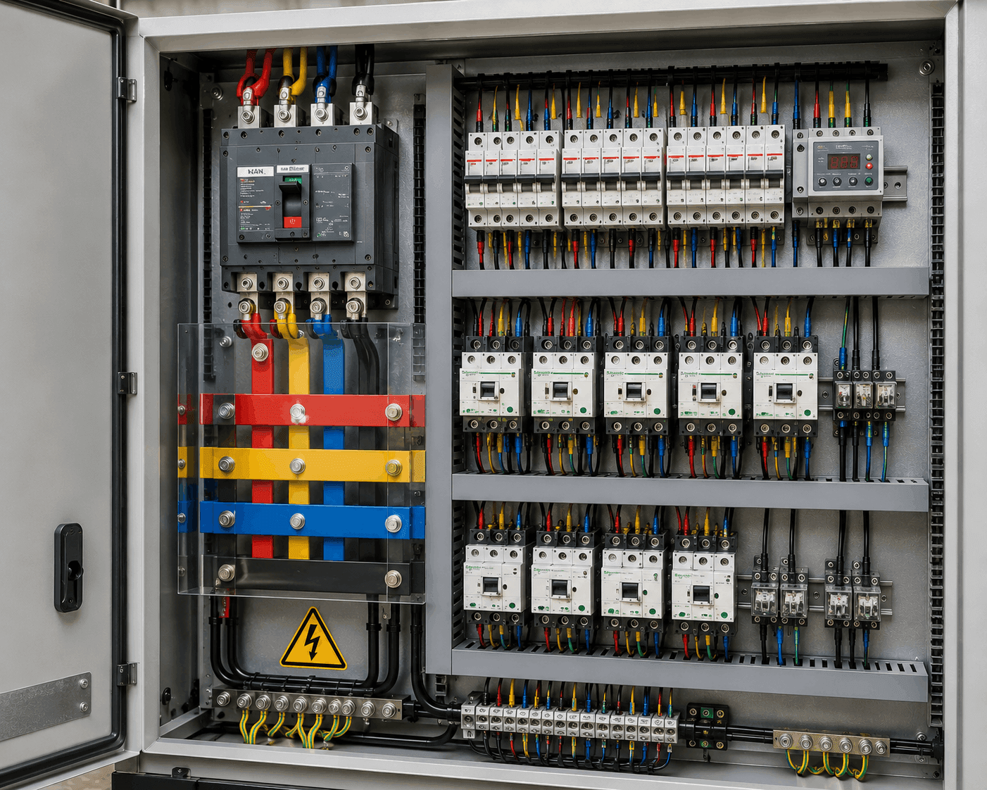 Three phase electrical panel with wiring, breakers, load distribution, and industrial power control system.