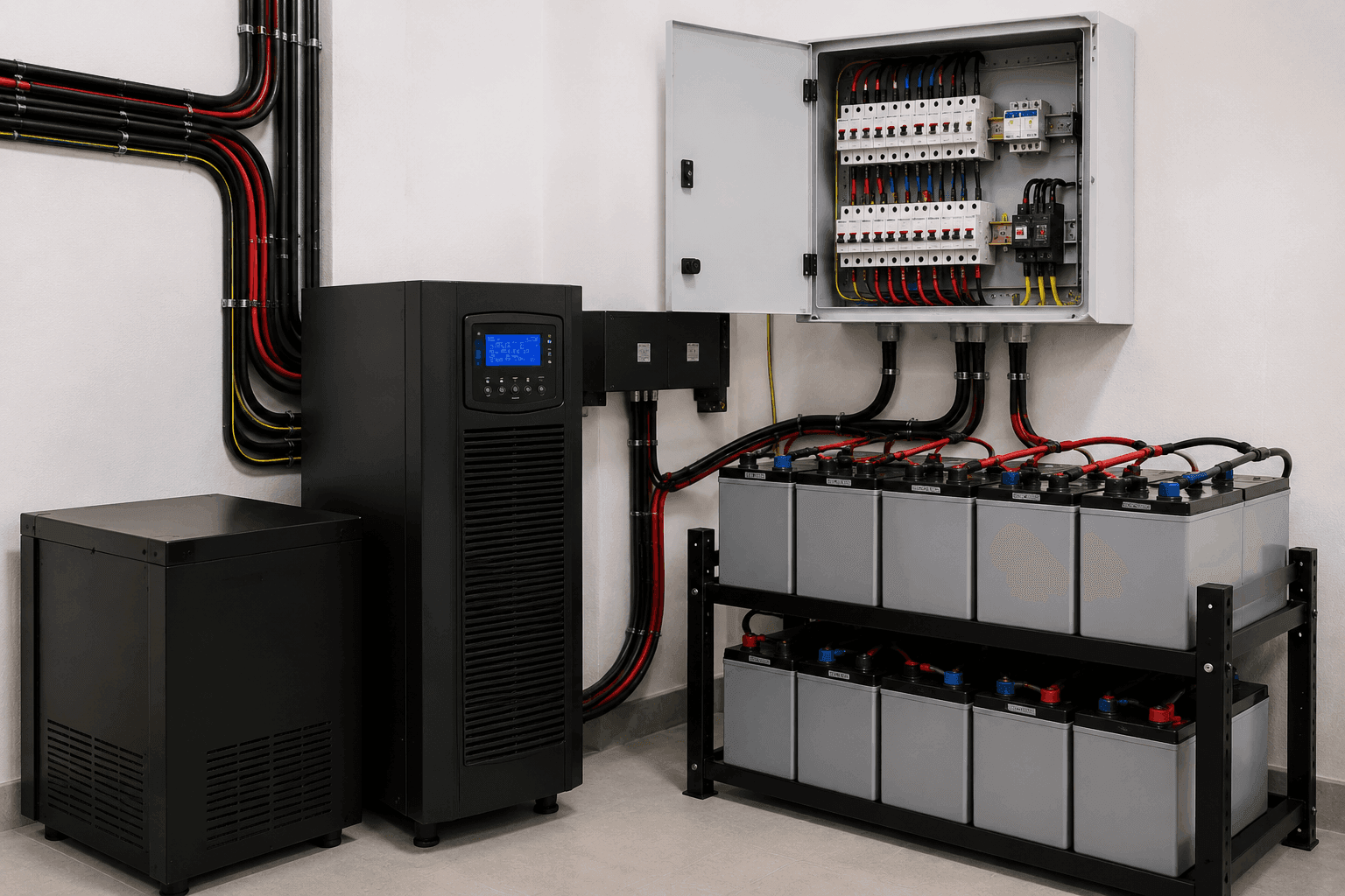 UPS backup system with batteries, electrical wiring, control panel, and power protection setup.