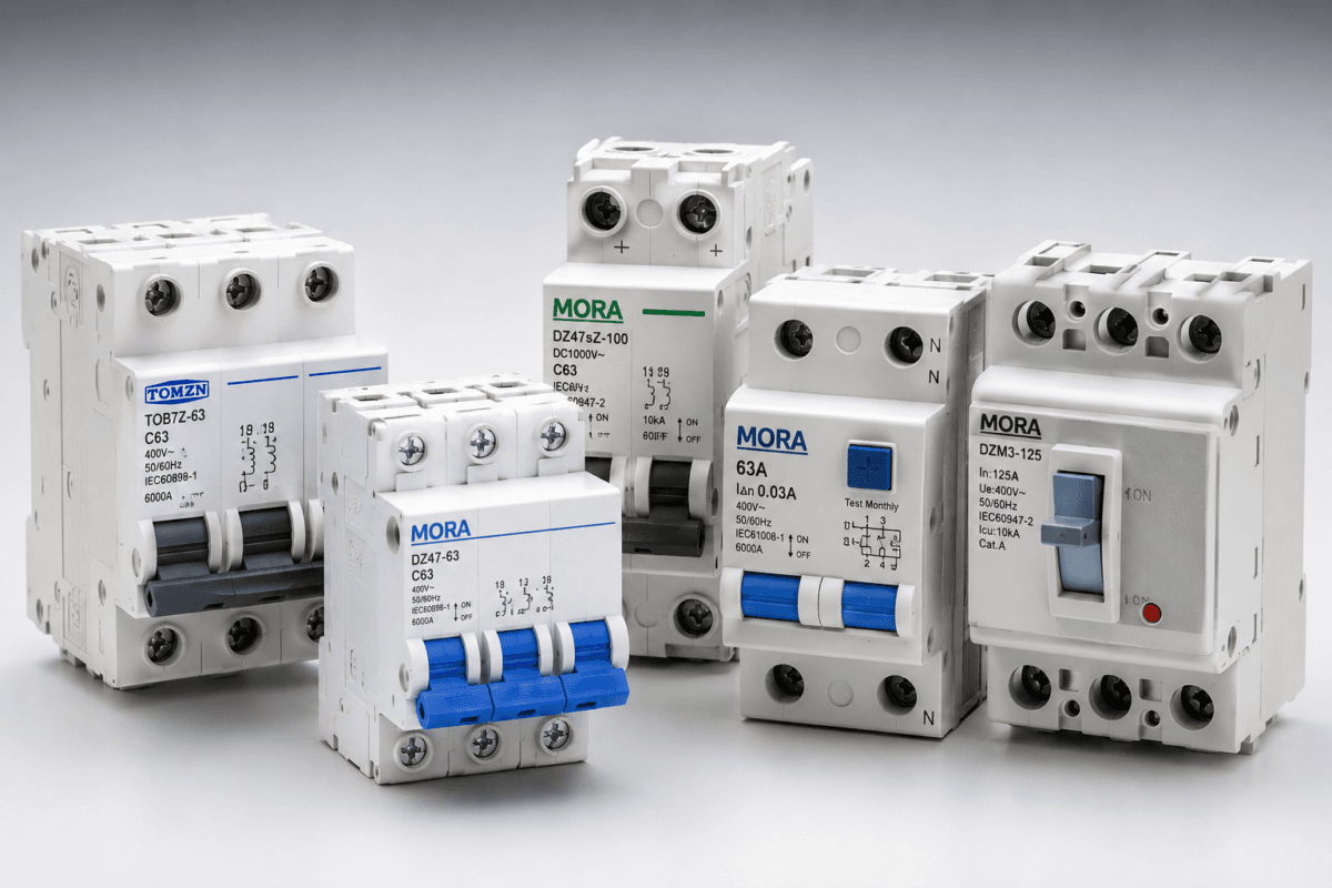 Circuit breakers for electrical protection on white background