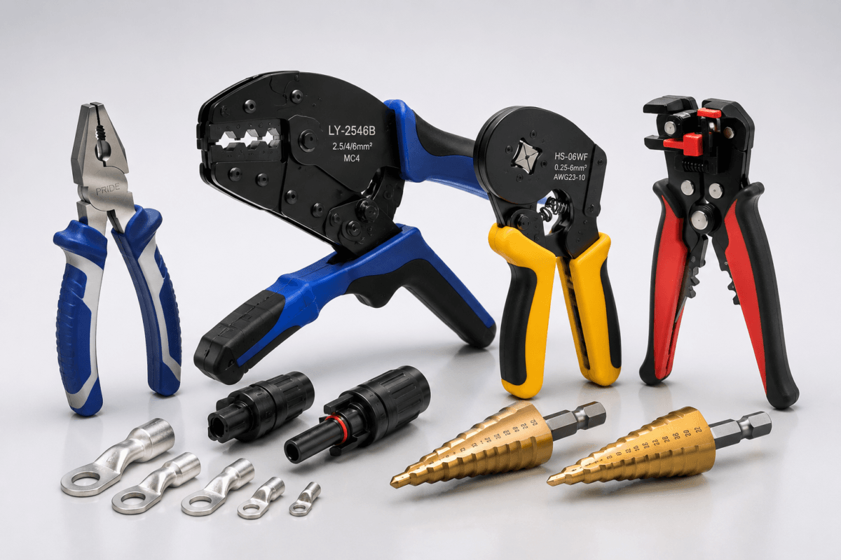 Professional electrical tools including crimping tools, wire strippers, pliers, cable lug crimpers, and step drill bits for electrical and solar installations